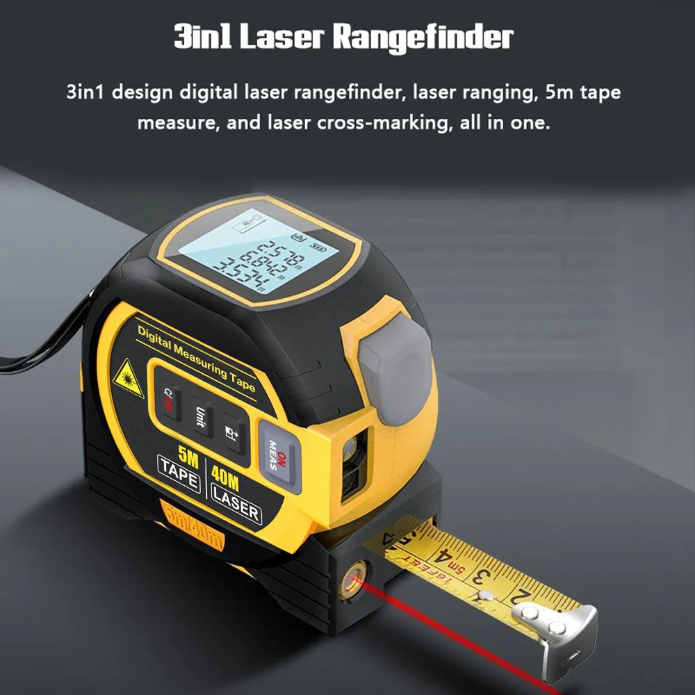 3-in-1 Laser Rangefinder with 5M Tape Measure & LCD Display – Digital Measuring Tool (40M / 60M Options)