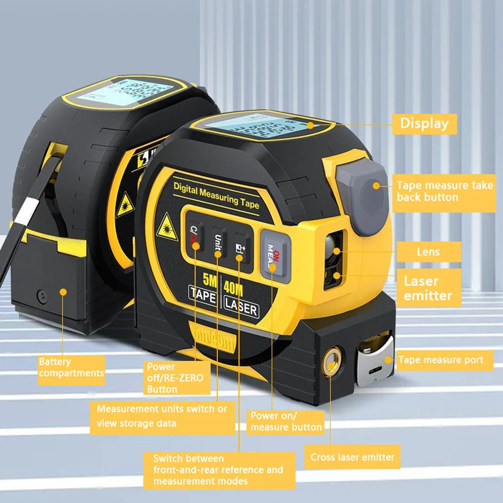 3-in-1 Laser Rangefinder with 5M Tape Measure & LCD Display – Digital Measuring Tool (40M / 60M Options)