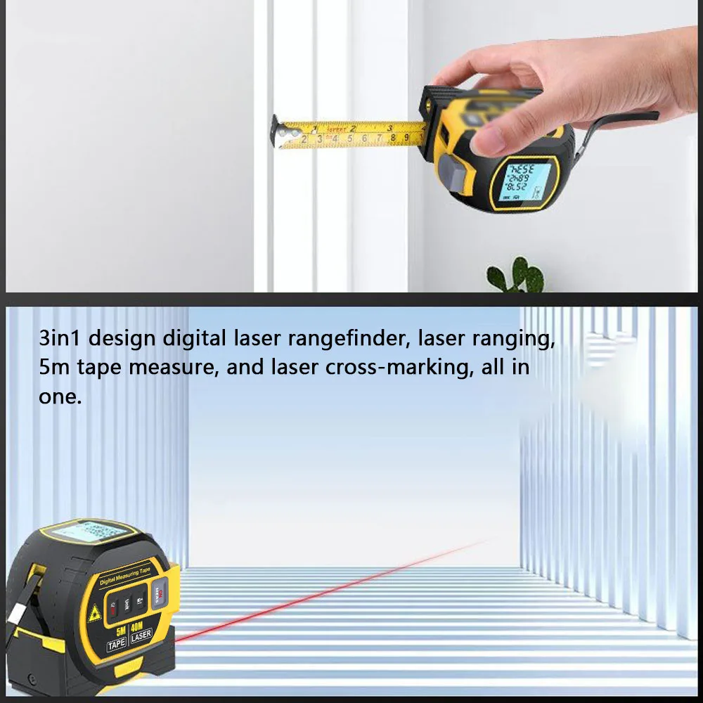 3-in-1 Laser Rangefinder with 5M Tape Measure & LCD Display – Digital Measuring Tool (40M / 60M Options)